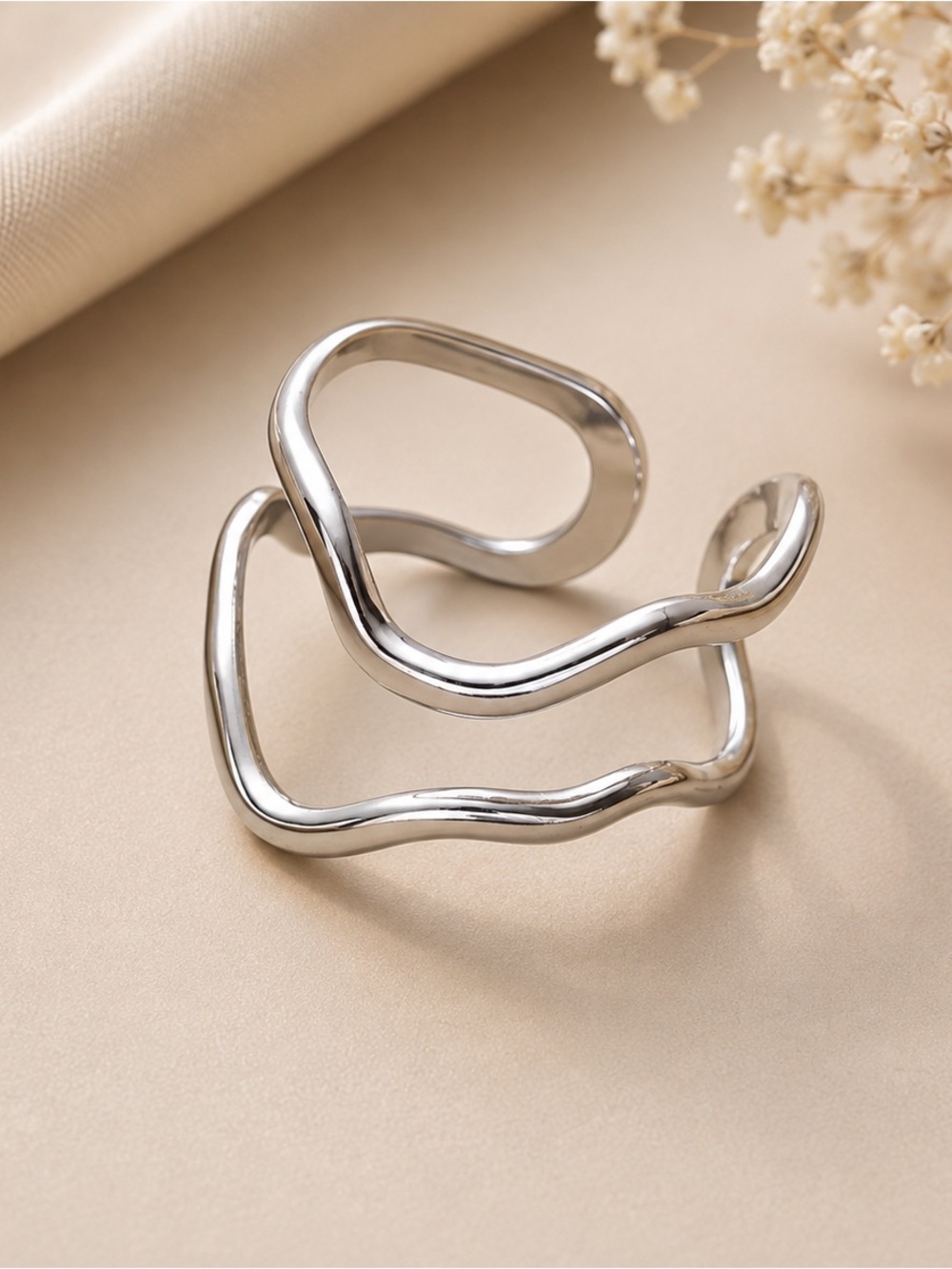 304 Stainless Steel Statement Ring – Modern Silver Open Wave Ring